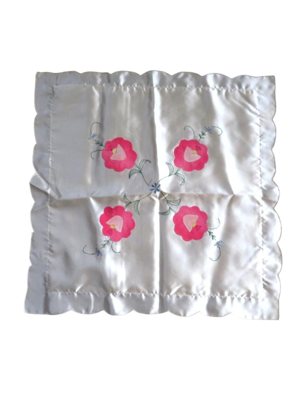 Pair of 2 White Cream Satin Pillow Cover Pink Floral Embroidery Scalloped Edges